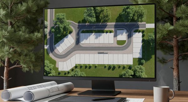 Campground site design software showing RV site layout planning with turning radii