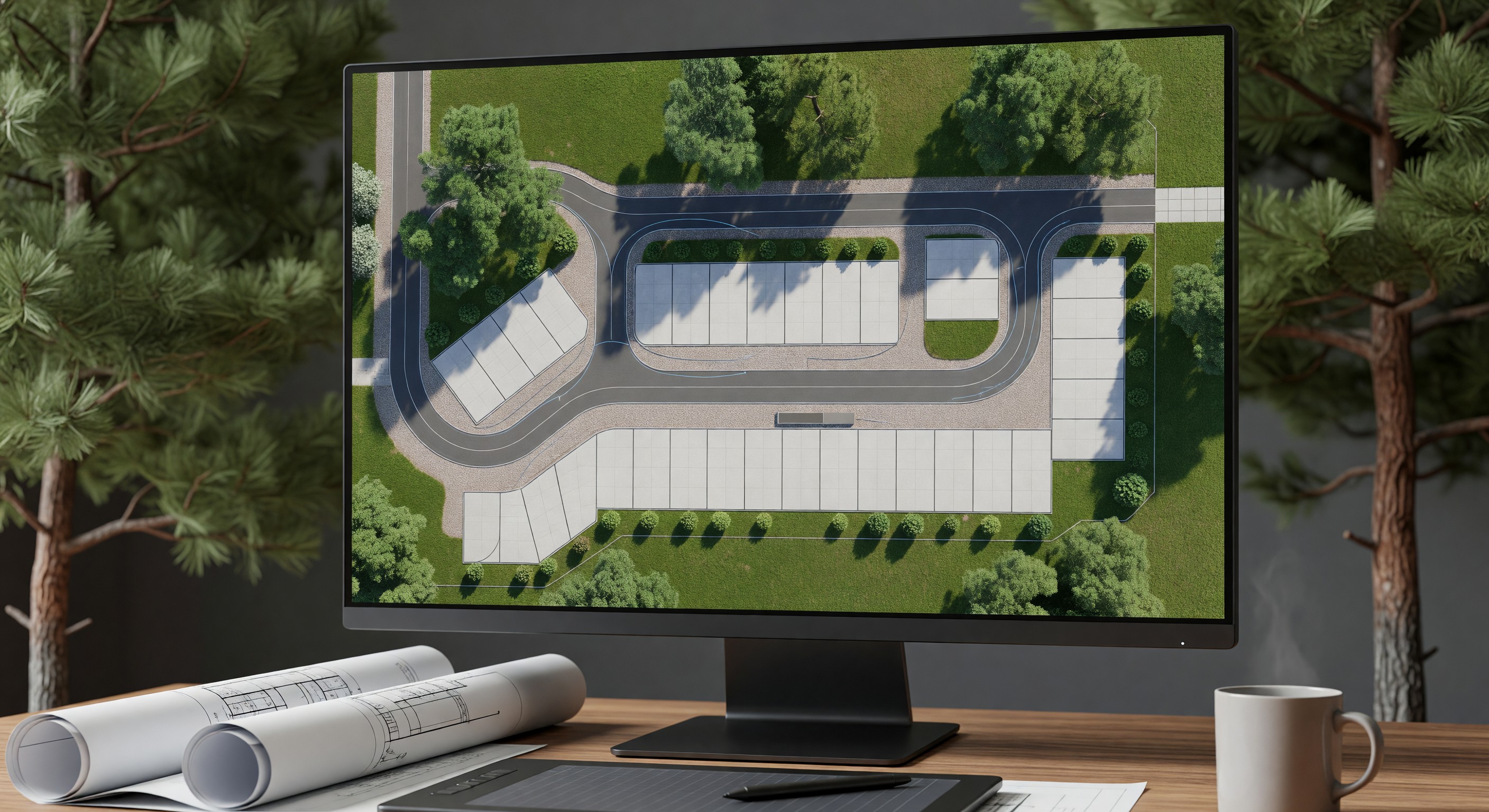 Campground site design software showing RV site layout planning with turning radii