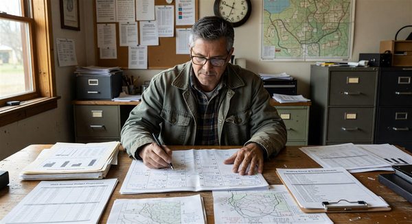 Campground operator reviewing seasonal operations calendar and planning documents