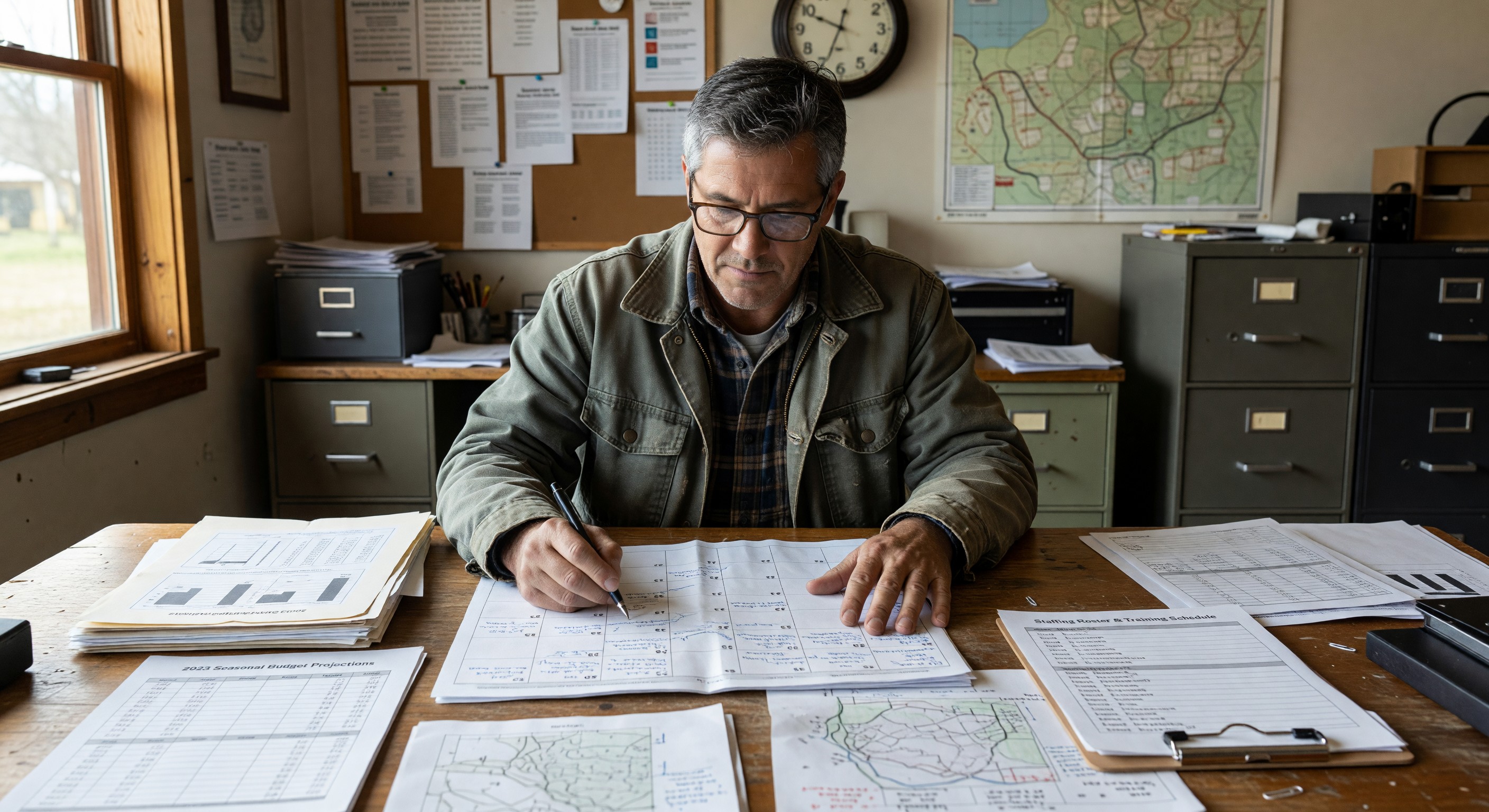 Campground operator reviewing seasonal operations calendar and planning documents
