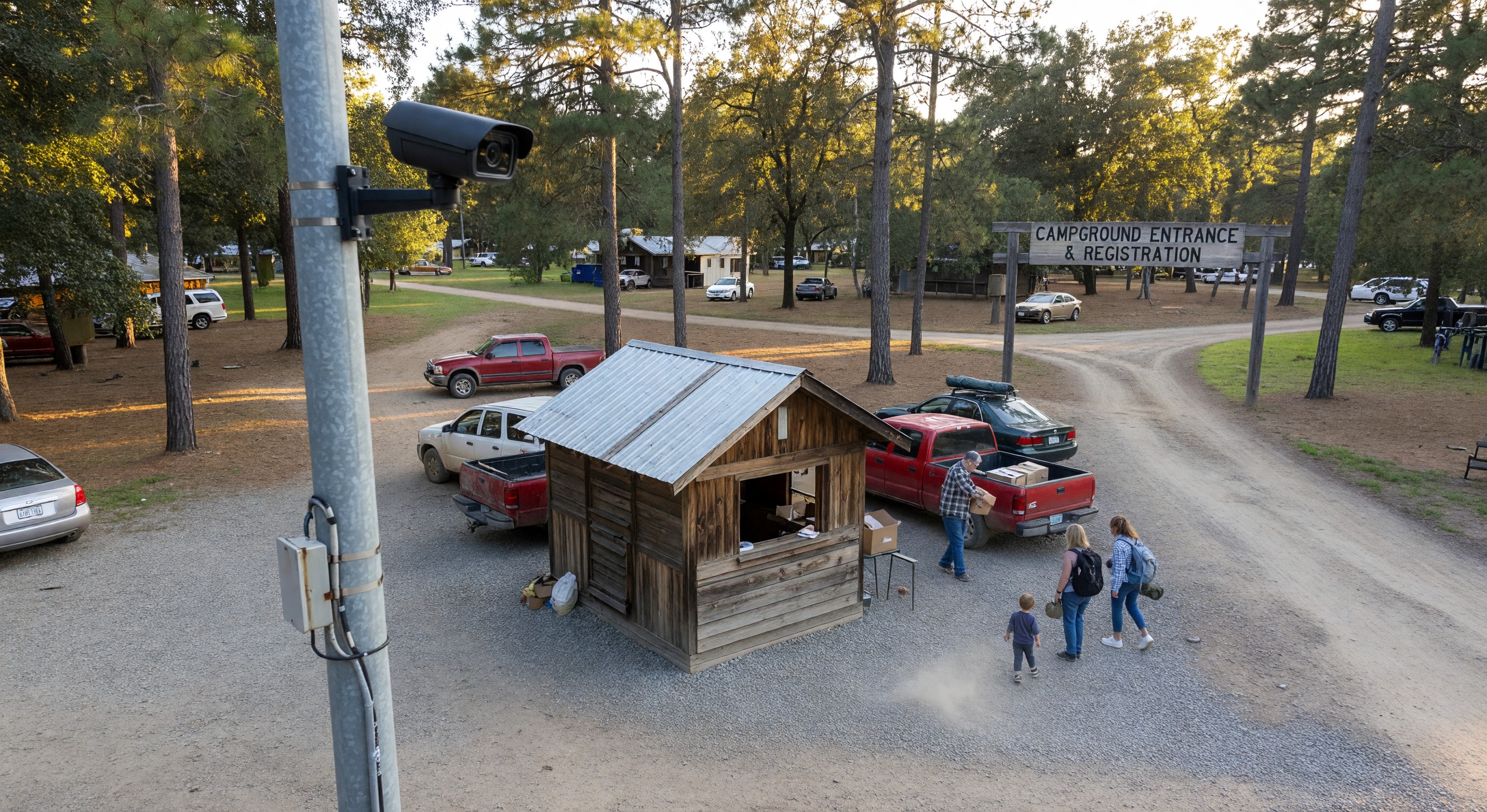 Security camera mounted on a pole overlooking a campground entrance and registration area