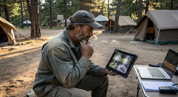 Campground manager reviewing security footage on a tablet after a reported incident