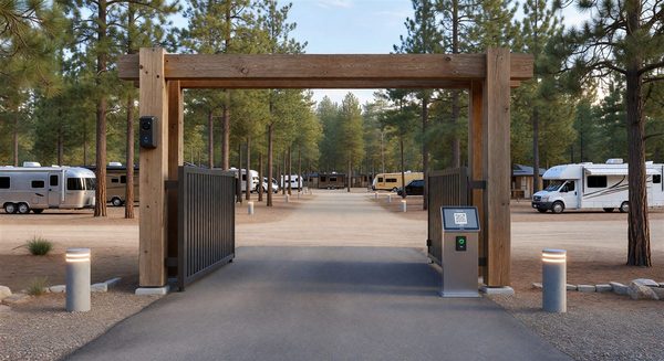 Modern campground entrance with integrated AI camera, mobile credentials, and cloud-managed access system