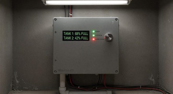Septic system monitoring equipment display showing tank level readings and alarm status