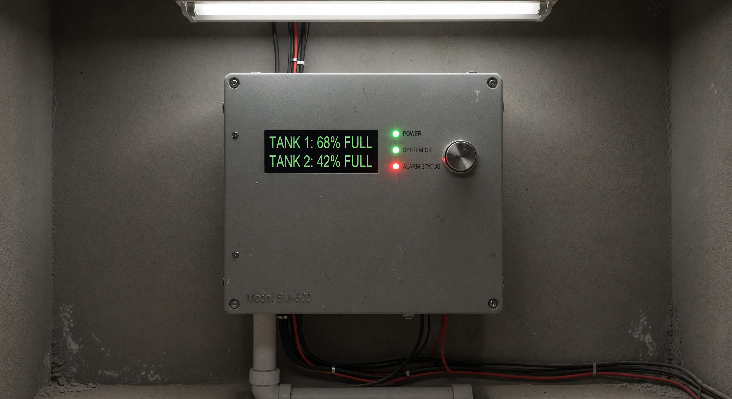 Septic system monitoring equipment display showing tank level readings and alarm status
