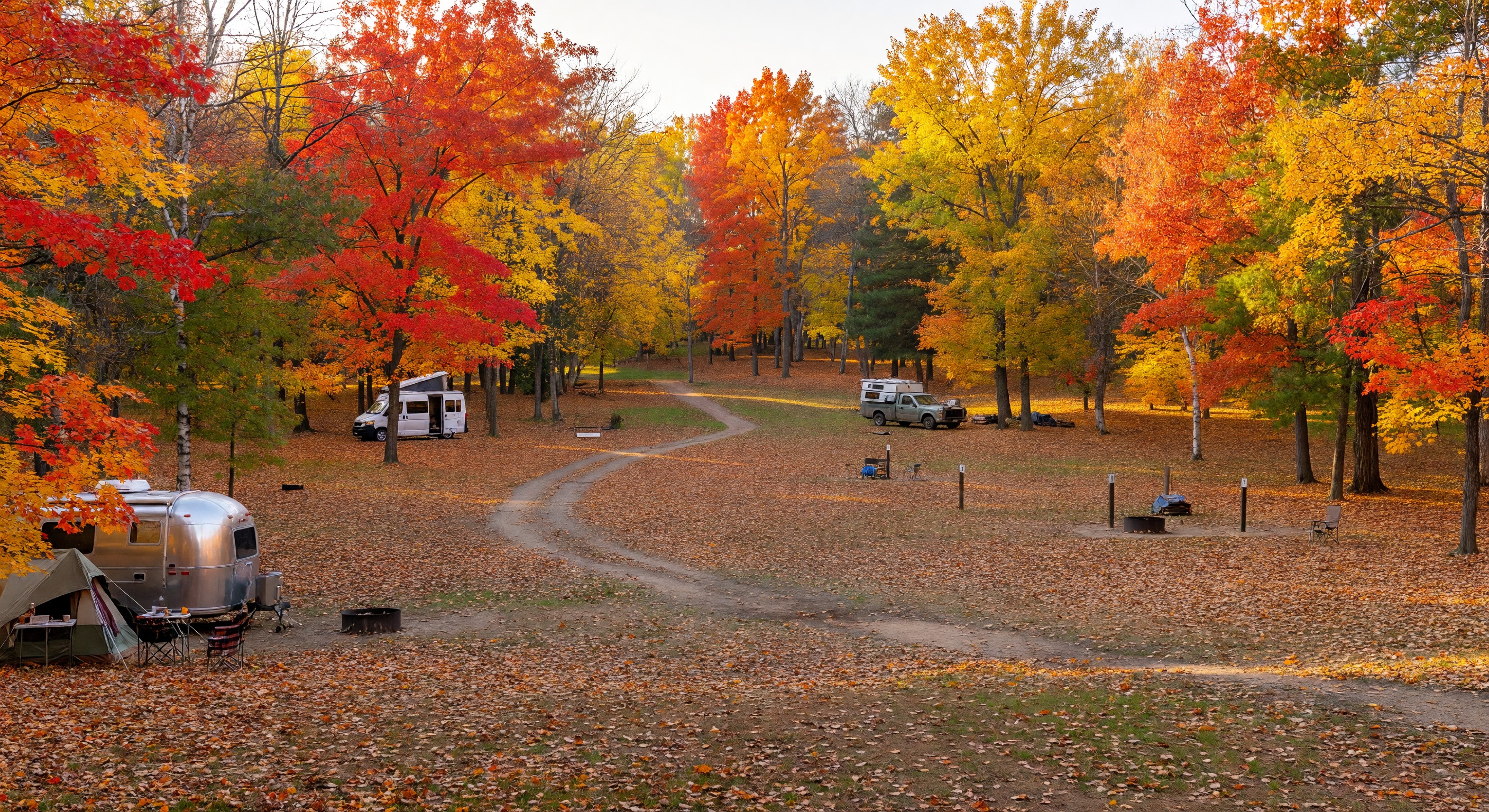 Beautiful autumn campground with colorful foliage and a few campers in a mostly empty park