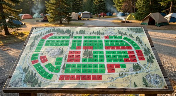 Interactive campground site map showing available and reserved sites in color-coded layout