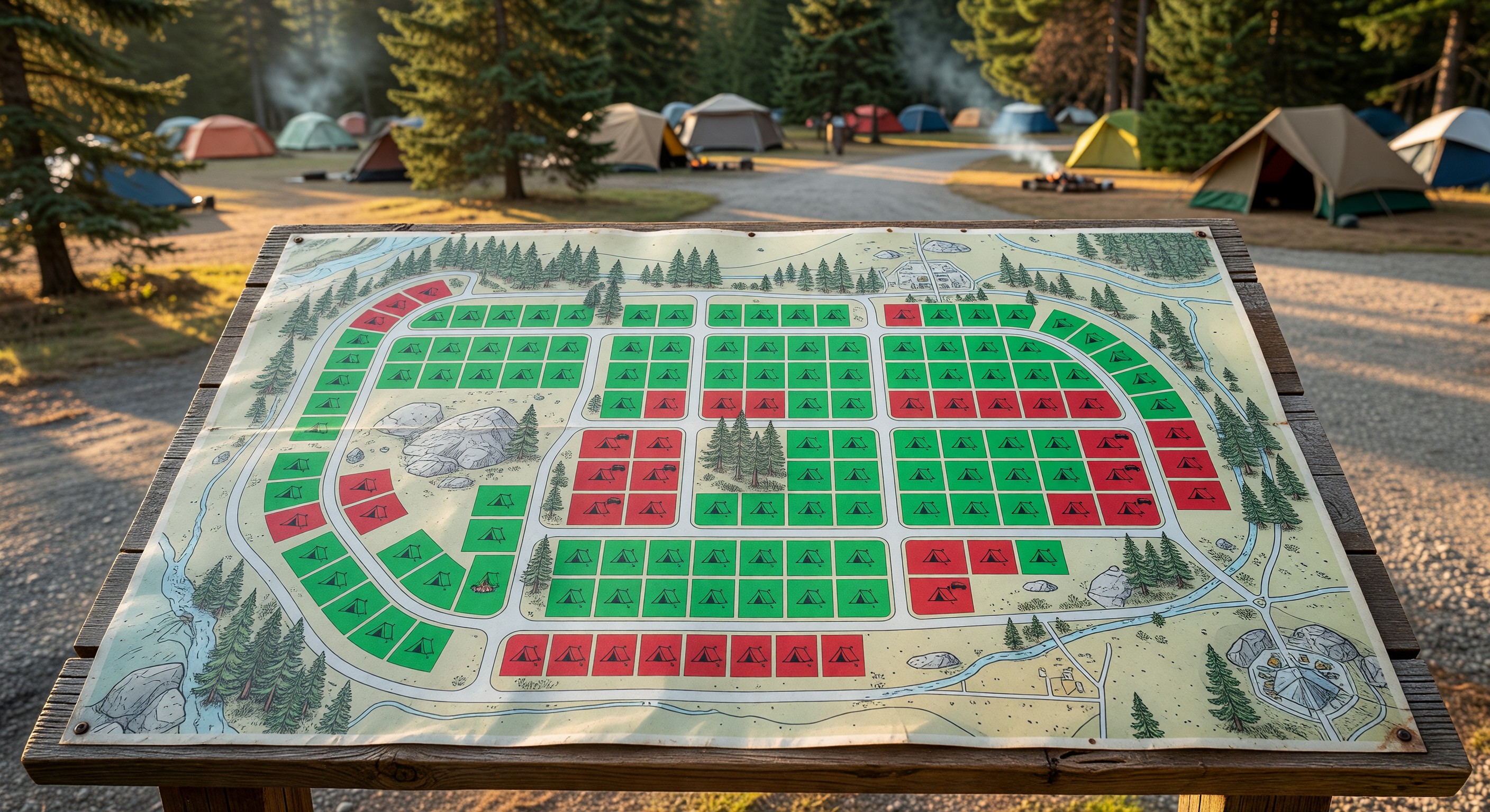 Interactive campground site map showing available and reserved sites in color-coded layout