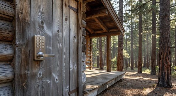 Keypad smart lock mounted on a campground cabin door with a pine forest background
