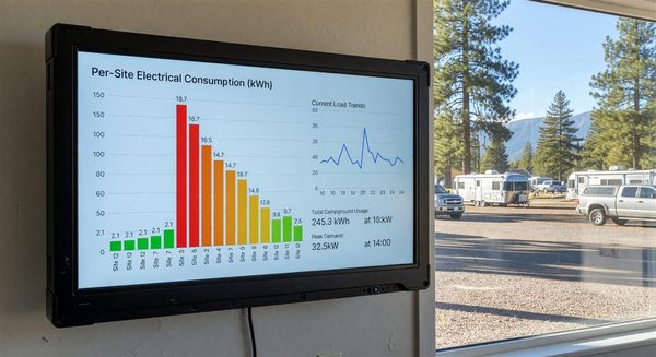 Smart meter dashboard showing per-site electrical consumption data for a campground