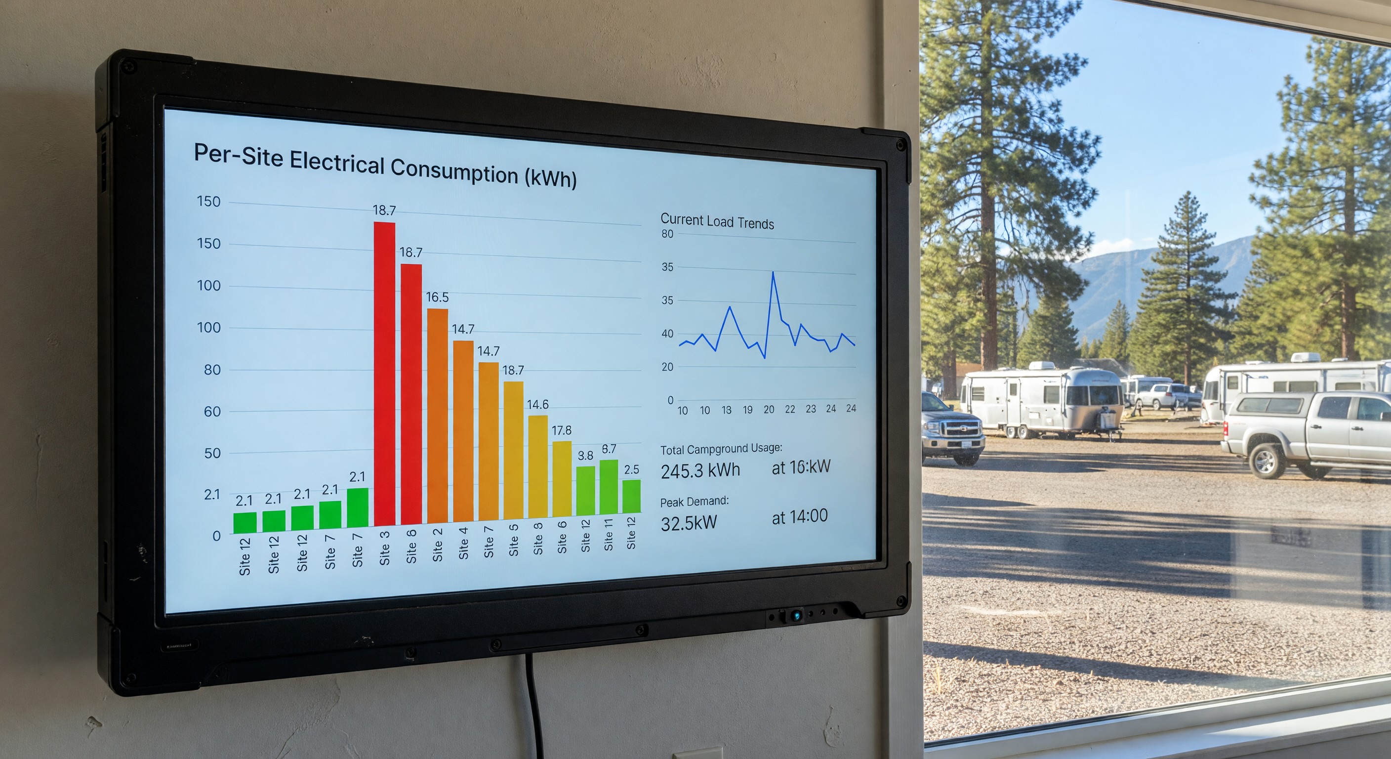 Smart meter dashboard showing per-site electrical consumption data for a campground