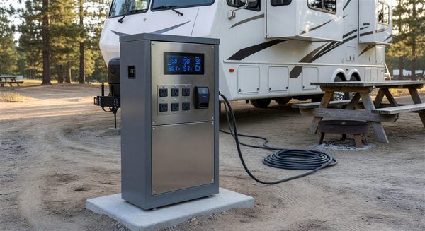 Modern smart electrical pedestal at a campground RV site with metering display