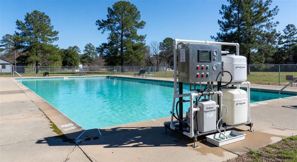 Campground outdoor pool with automated monitoring system and chemical dosing equipment