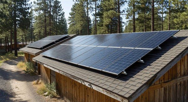 Solar panel array installed on a campground building rooftop with panels tilted at optimal angle