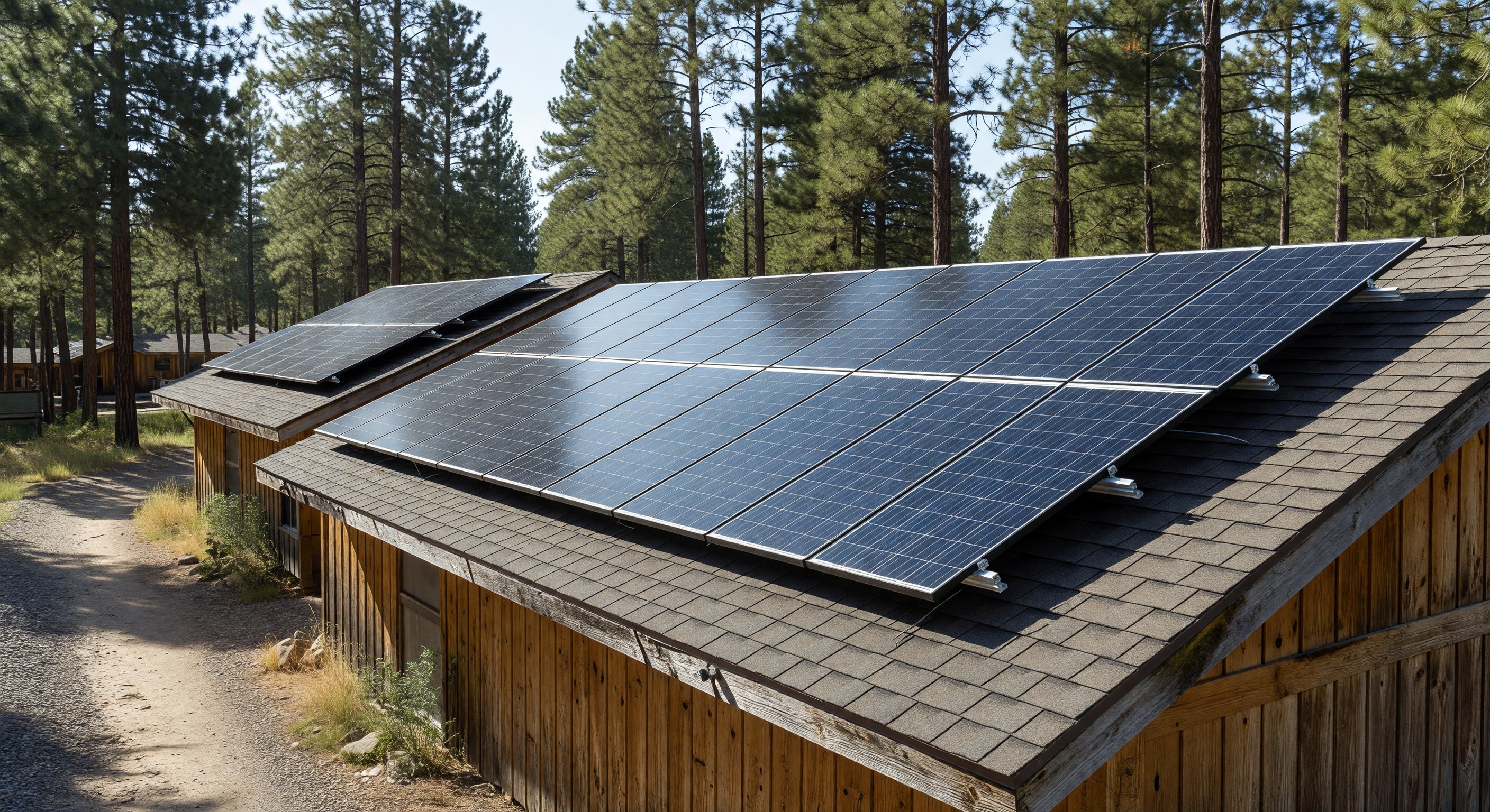 Solar panel array installed on a campground building rooftop with panels tilted at optimal angle