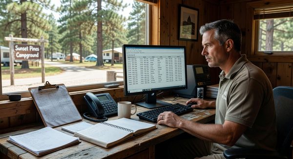 Campground manager reviewing staff schedules on computer at front desk