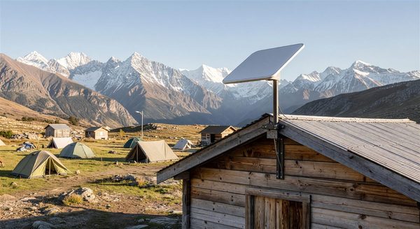 Starlink dish mounted on a rooftop at a remote campground with mountains in background