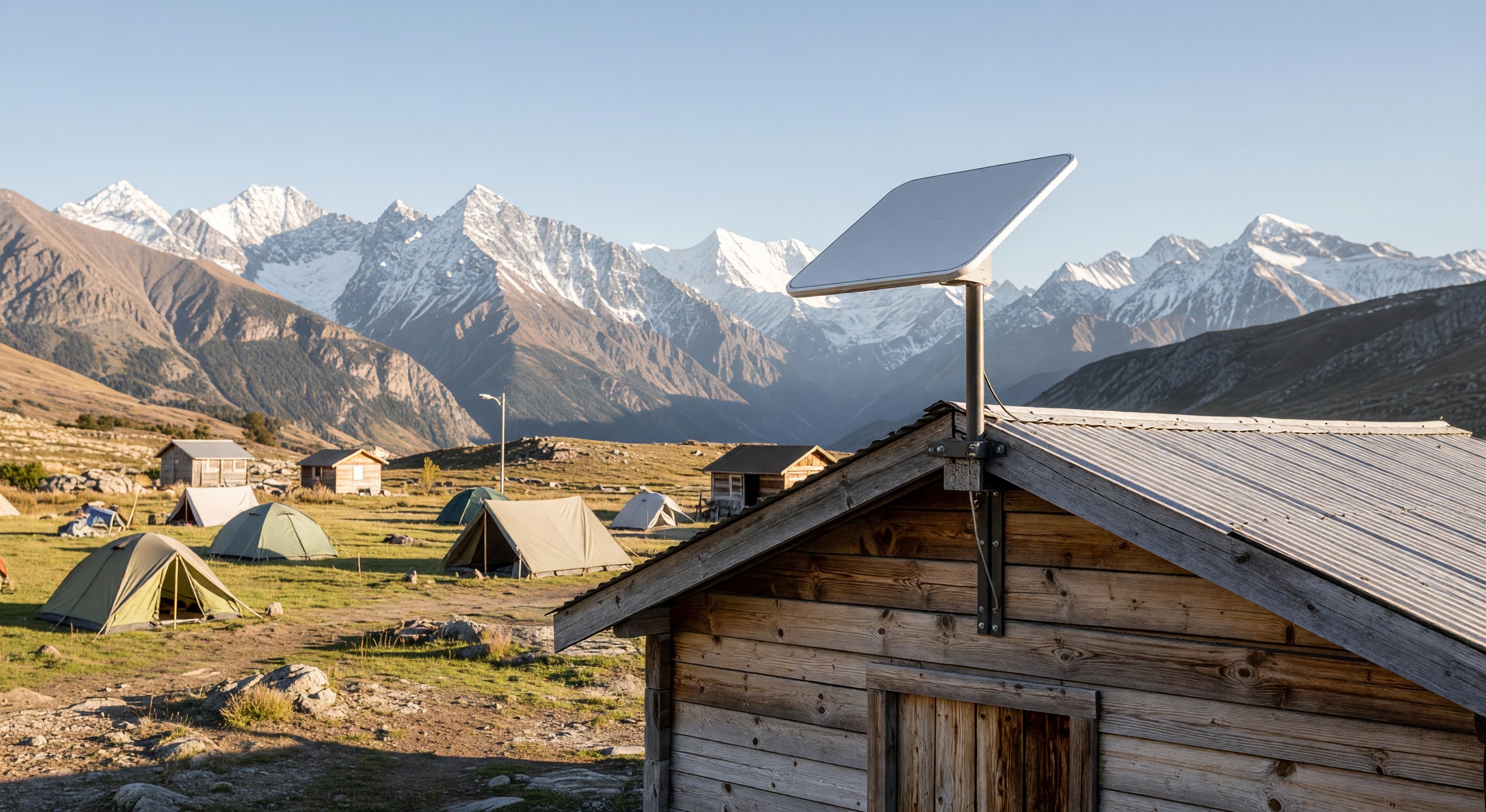 Starlink dish mounted on a rooftop at a remote campground with mountains in background