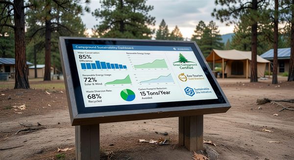 Campground sustainability dashboard showing environmental performance metrics and certifications
