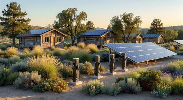 Sustainable campground with solar panels, EV charging, and native landscaping visible