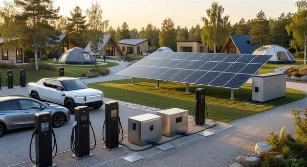 Modern campground with solar panels, EV charging stations, and smart utility infrastructure