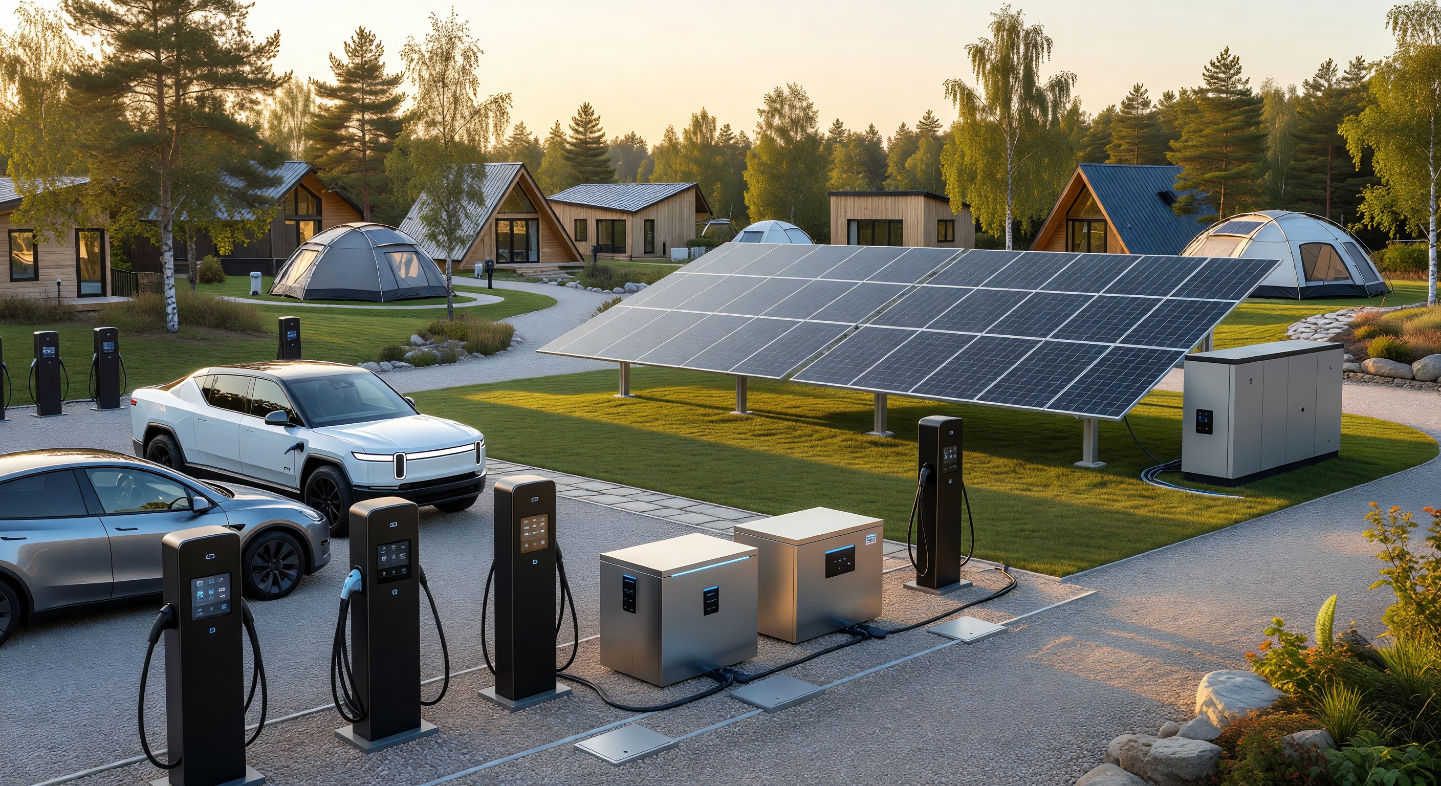 Modern campground with solar panels, EV charging stations, and smart utility infrastructure