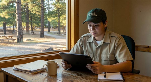 New campground staff member completing digital onboarding training on tablet