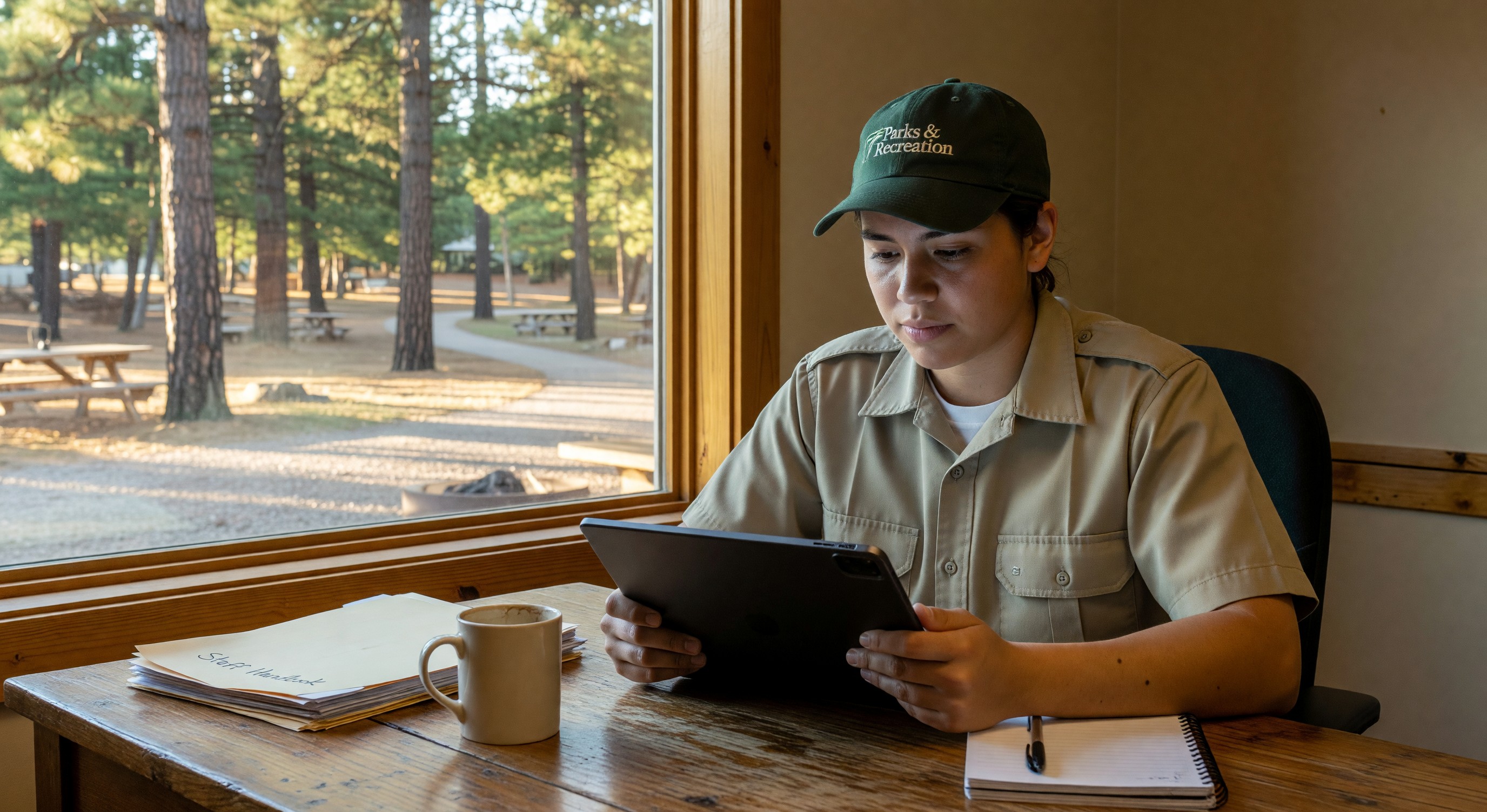 New campground staff member completing digital onboarding training on tablet
