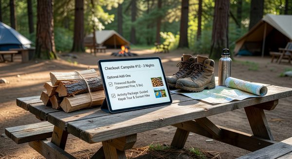 Campground booking checkout page showing optional firewood and activity add-ons