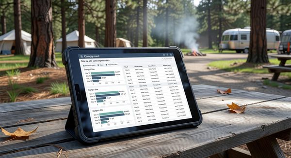 Campground utility billing software dashboard showing site-by-site consumption data