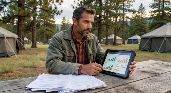 Campground operator reviewing utility bills and monitoring dashboard on tablet