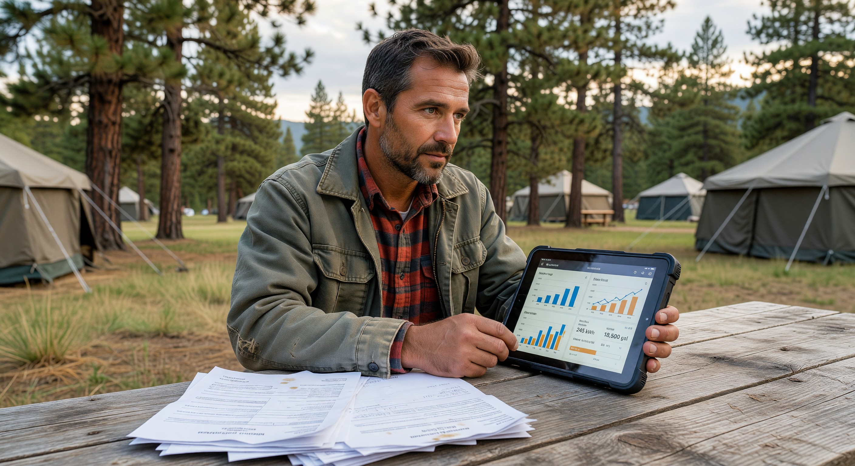 Campground operator reviewing utility bills and monitoring dashboard on tablet