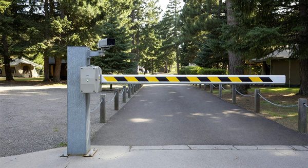 Campground gate with barrier arm, LPR camera, and RFID reader mounted in an entry lane