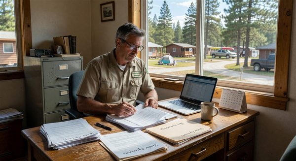 Campground manager reviewing vendor contracts and service records