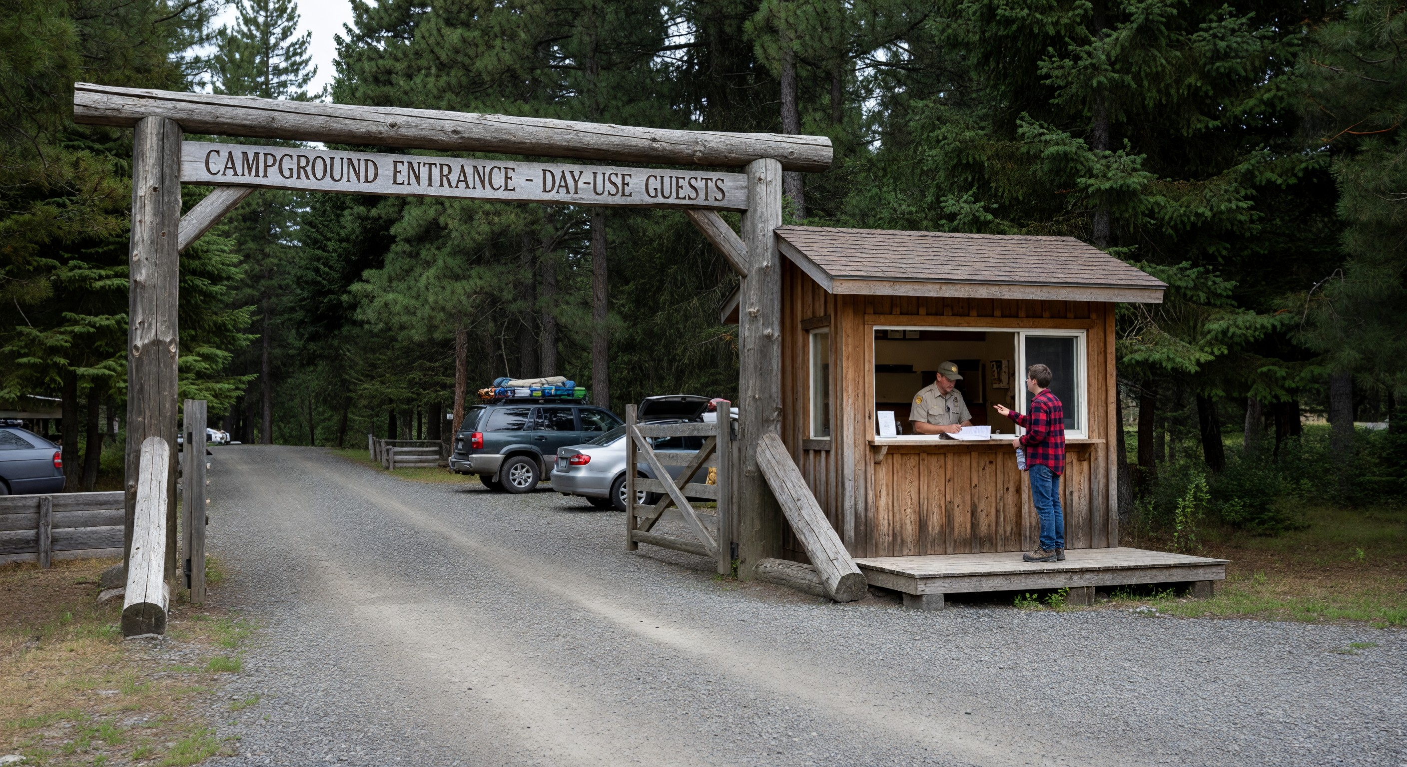 Campground entrance gate with visitor check-in kiosk for day-use guests