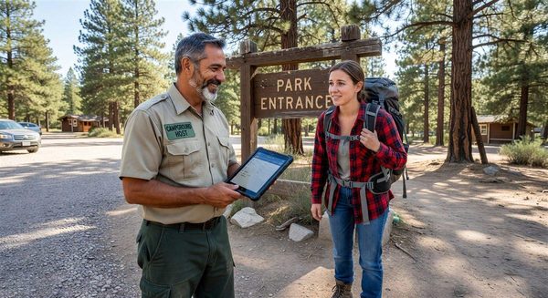 Campground host greeting a walk-in guest at the park entrance with a tablet