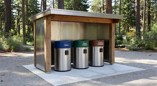 Modern campground waste station with recycling bins and smart waste monitoring sensor