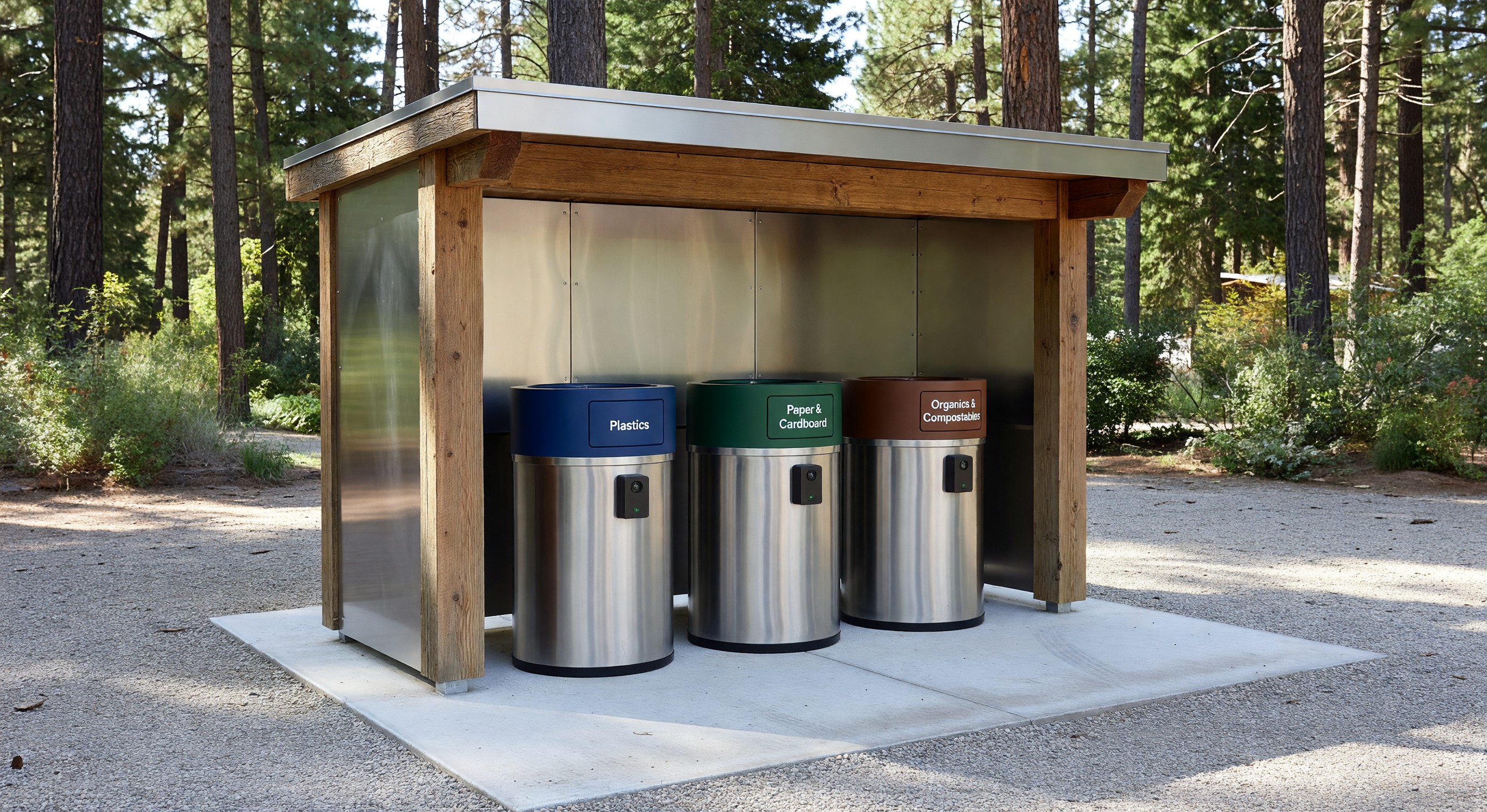 Modern campground waste station with recycling bins and smart waste monitoring sensor