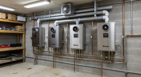 Commercial tankless water heaters installed in a campground bathhouse utility room
