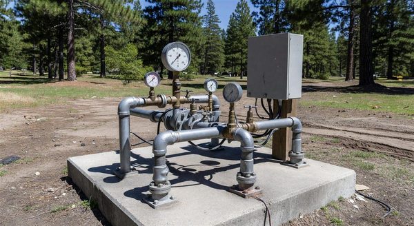 Water pressure monitoring equipment at a campground water system pump station