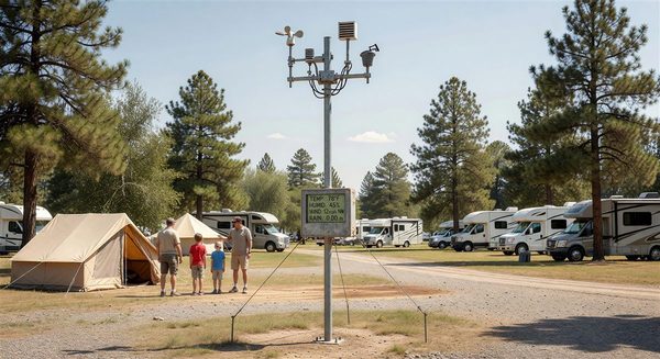 Weather station mounted at a campground with sensor array and display terminal