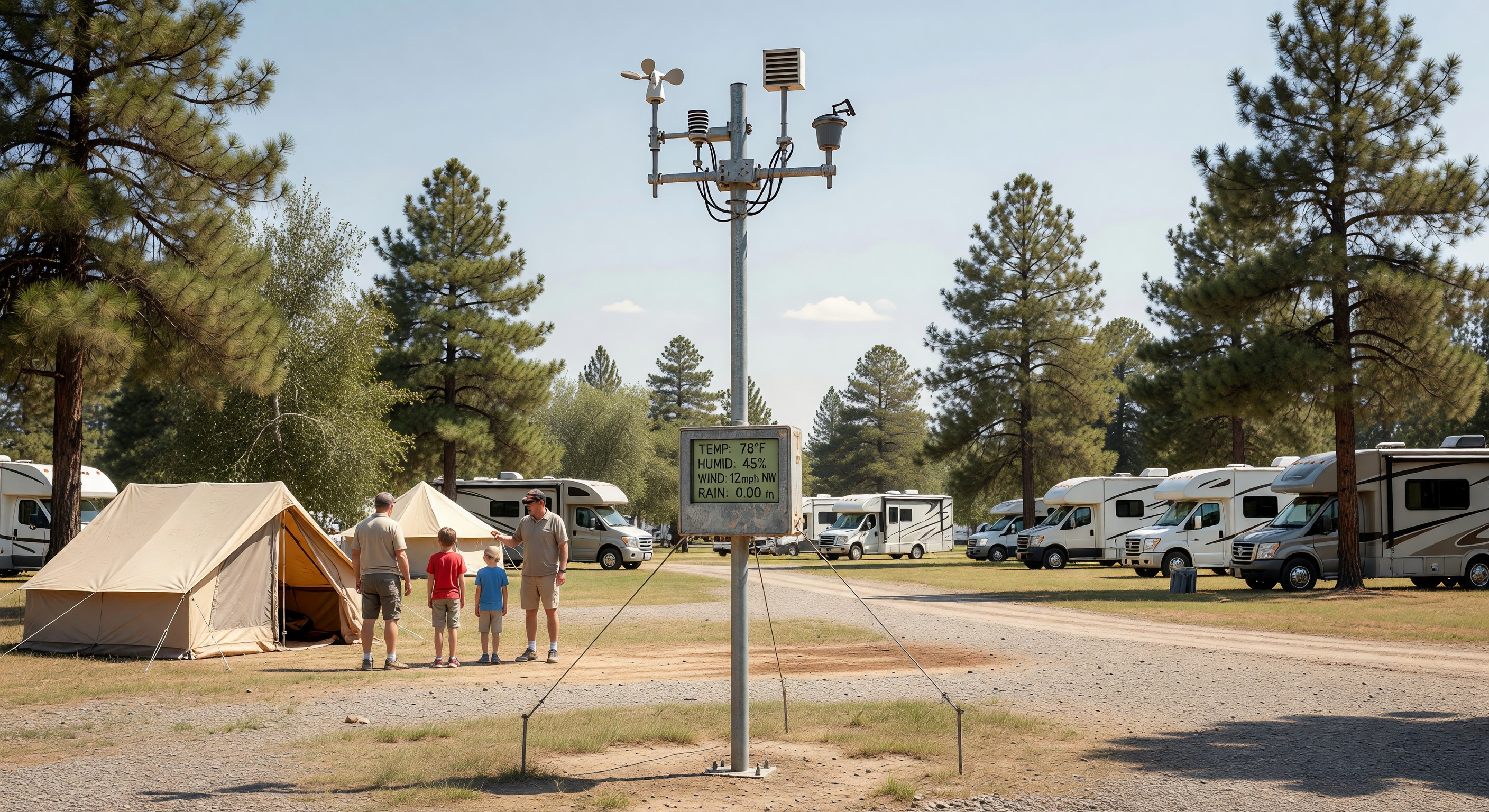 Weather station mounted at a campground with sensor array and display terminal