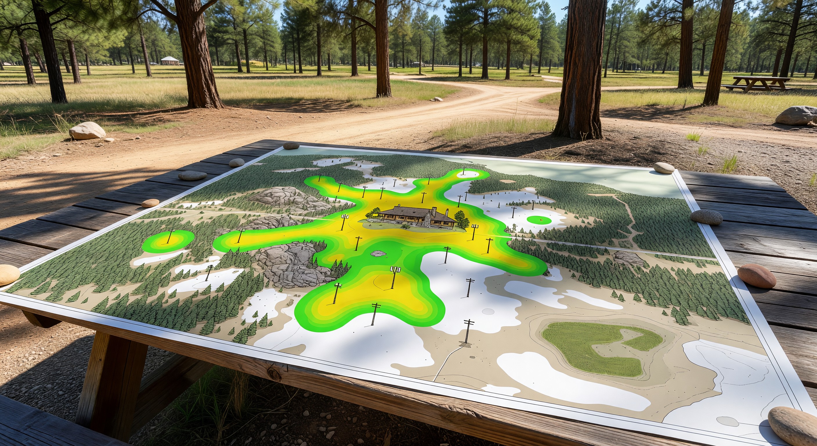 WiFi signal strength map of a campground showing coverage gaps and strong signal areas