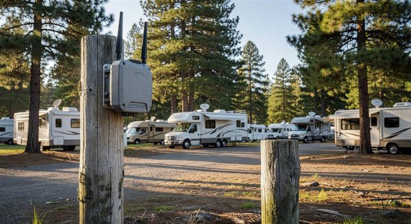 Outdoor WiFi access point mounted on a post in a campground with RVs in background