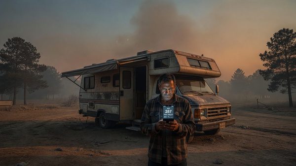 Hazy campground skyline with smoke haze over RVs and a visible air quality monitoring device on a post