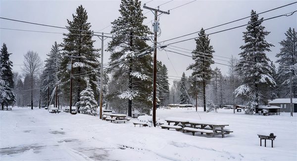 Campground covered in snow with utility infrastructure visible in winter conditions