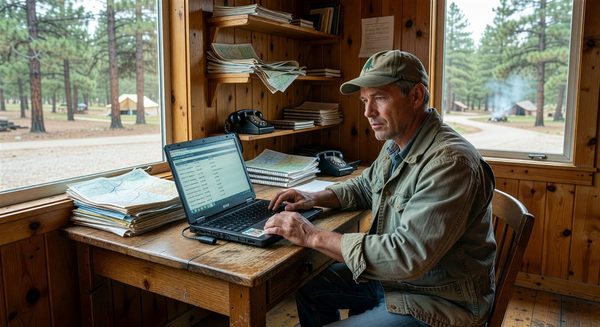 Campground operator reviewing reservation software on a laptop at a park office