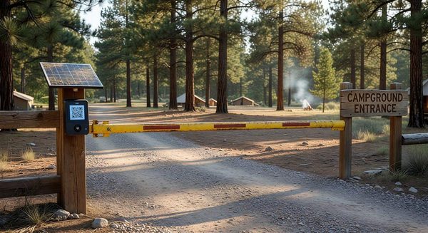 Campground entrance with QR code reader and barrier gate for contactless entry
