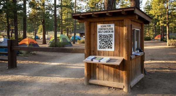 Campground entrance kiosk displaying a QR code for contactless self-check-in