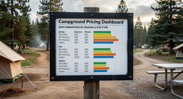 Campground pricing dashboard showing rate variations by season and site type